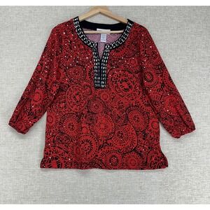 Cathy Daniels Blouse Womens Large Red Floral Rhinestone V Neck 3/4 Sleeve Tunic